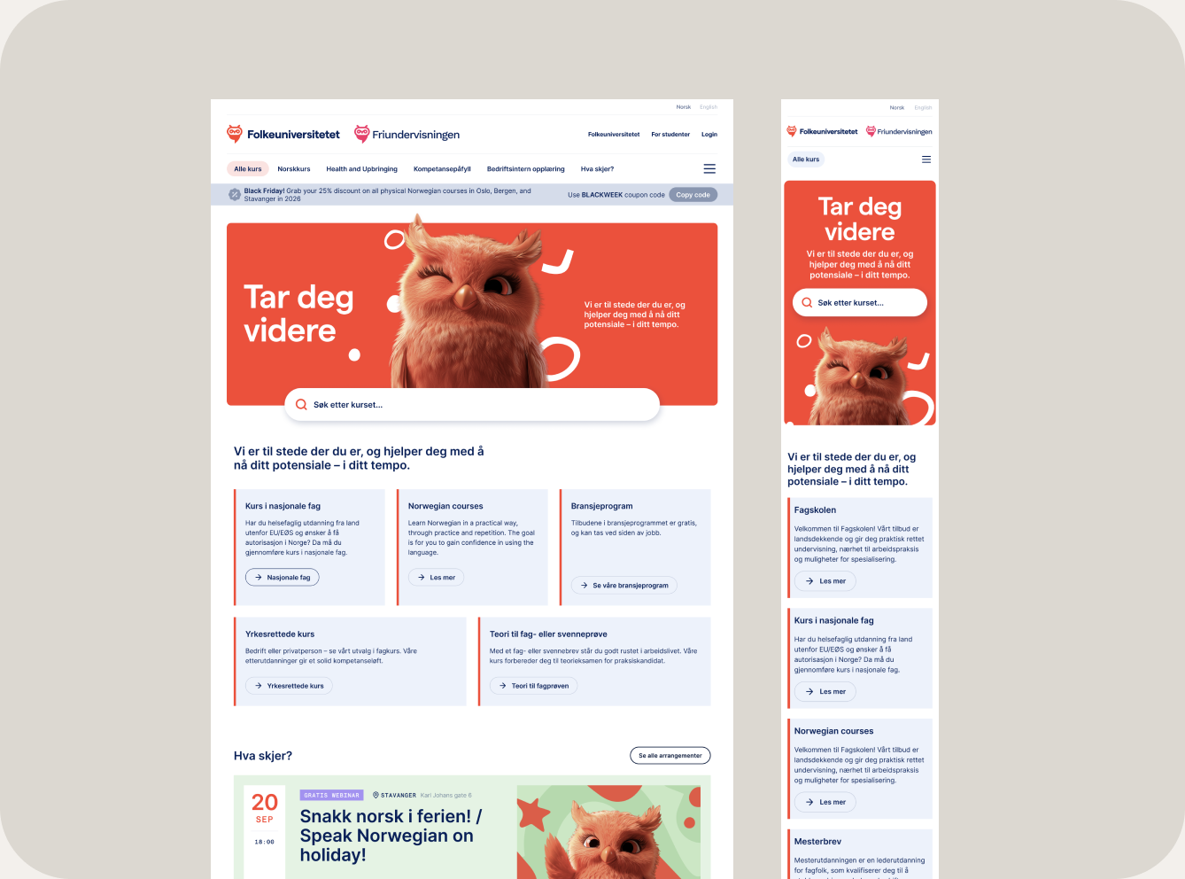 Folkeuniversitetet responsive desktop and mobile website layouts