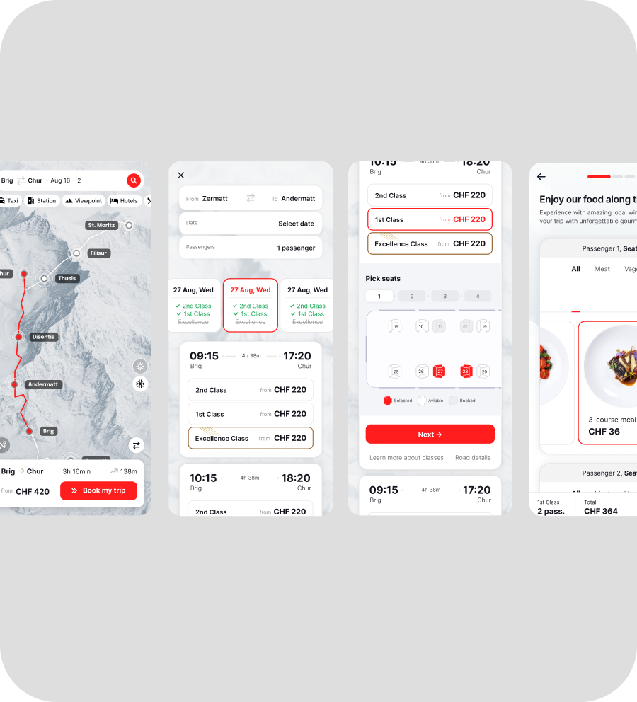 Glacier Express mobile route, train, seat, and meal selection screens