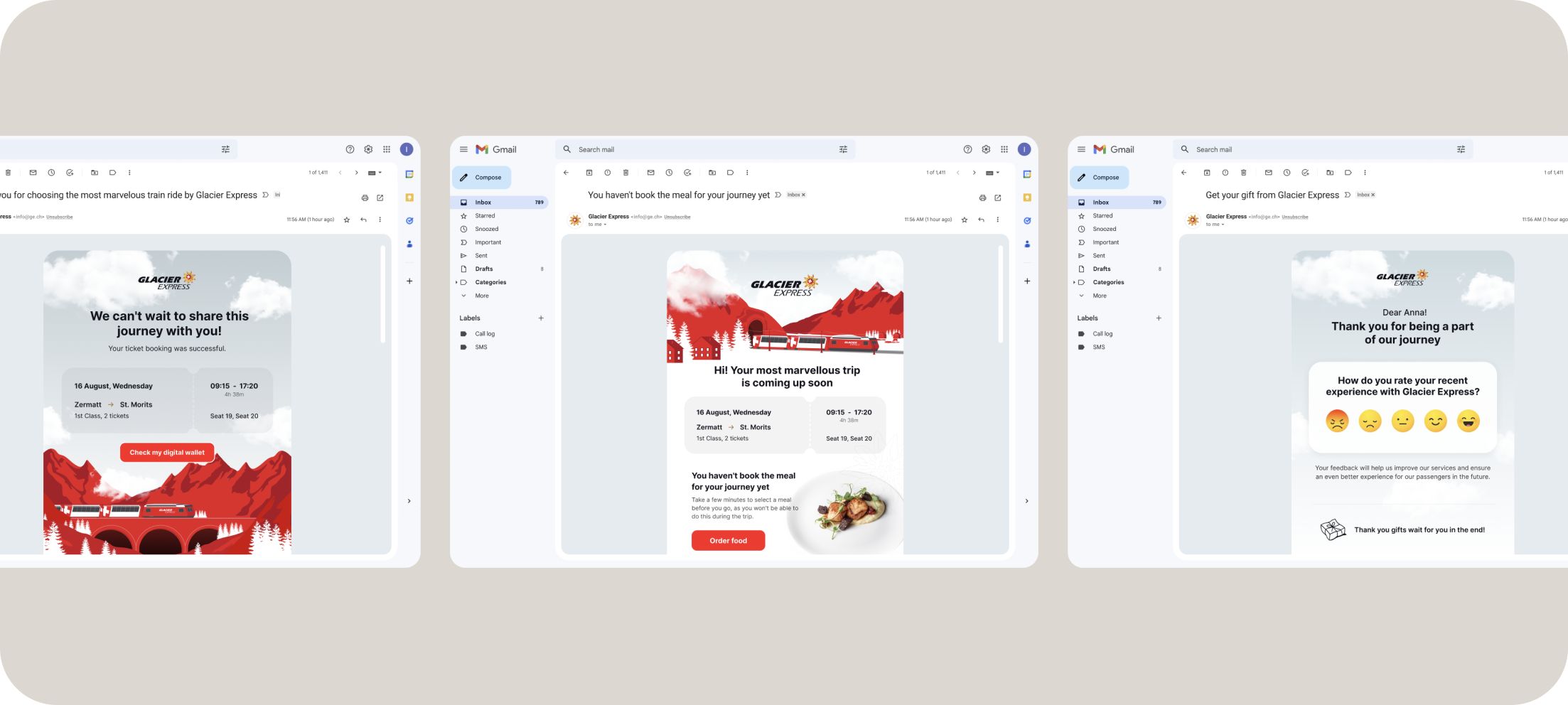 Glacier Express pre-trip email, onboard communication, and passenger feedback designs