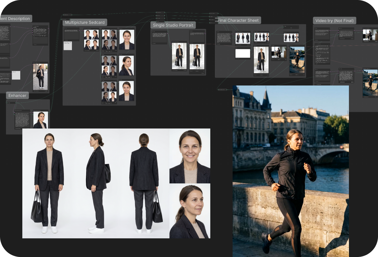 AI character creation workflow, from portraits and character sheets to video